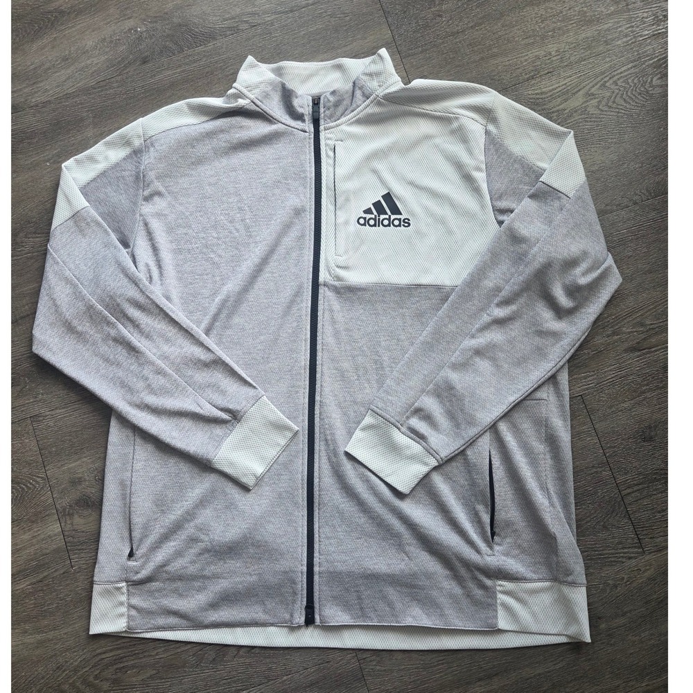 Adidas Track Jacket Men 2XL Grey Full Zip Mesh Panel Mock Neck Athletic